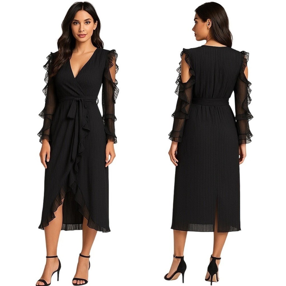 Bardot Black Ruffle Cold Shoulder Midi Cutouts Dress‎ Wrap Tie Size M Nwot